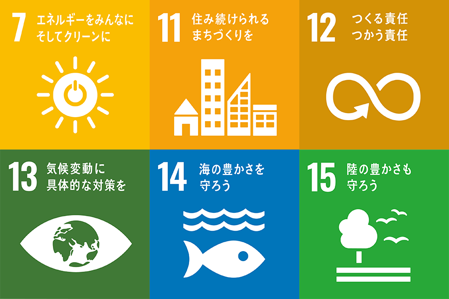 7.エネルギーをみんなに そしてクリーンに 11.住み続けられるまちづくりを 12.つくる責任 つかう責任 13.気候変動に具体的な対策を 14.海の豊かさを守ろう 15.陸の豊かさも守ろう